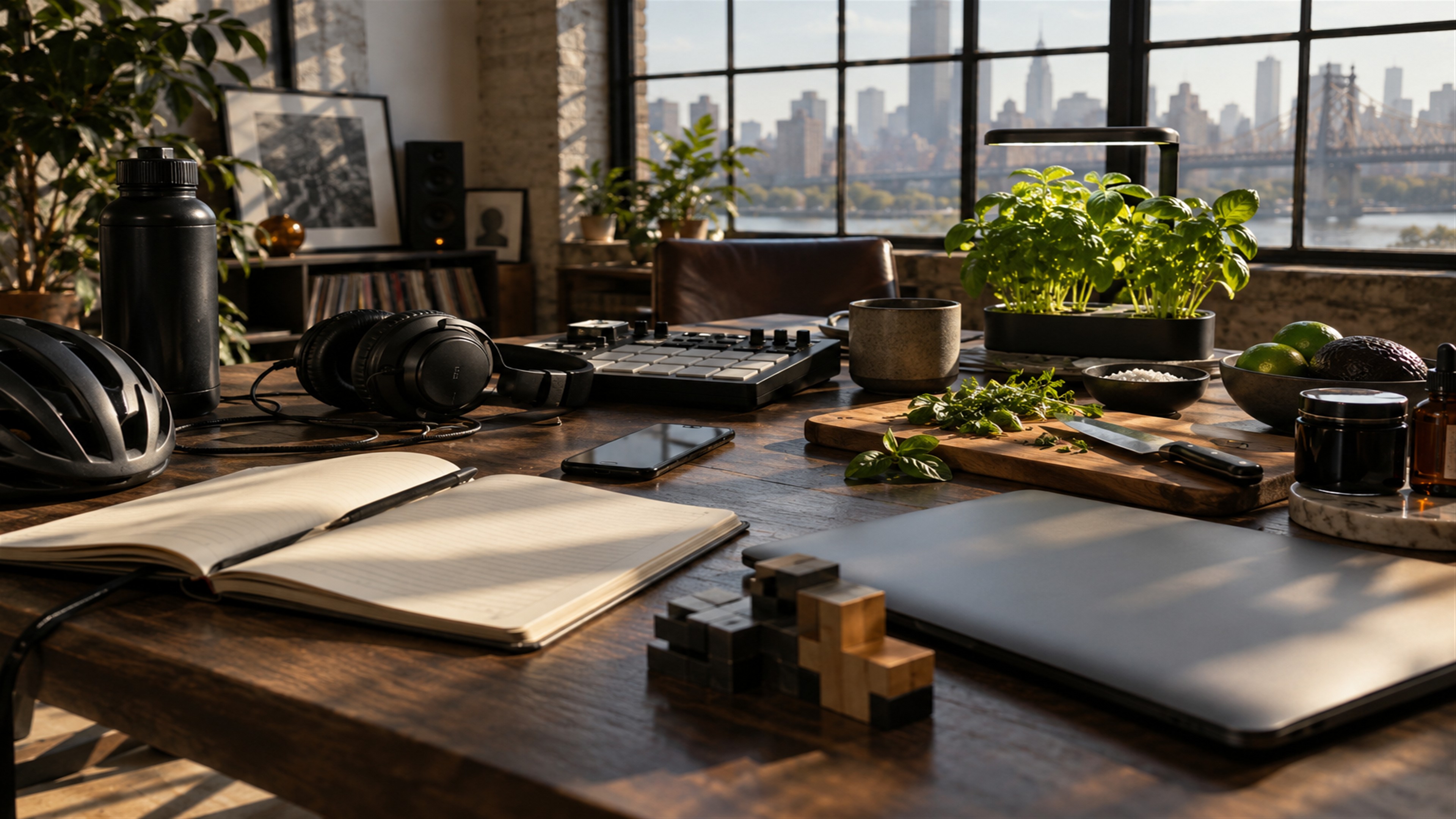 A sunlit creative studio with music, gardening, cooking, cycling, skincare, building, and technology tools