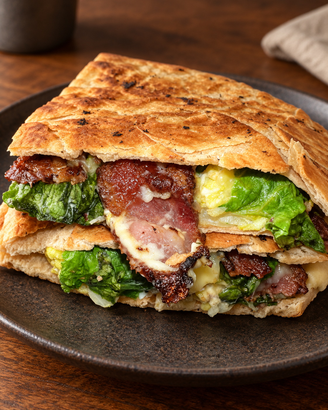 Bacon and steak sandwich prepared by Mash’N Up With Marco on a dark ceramic plate